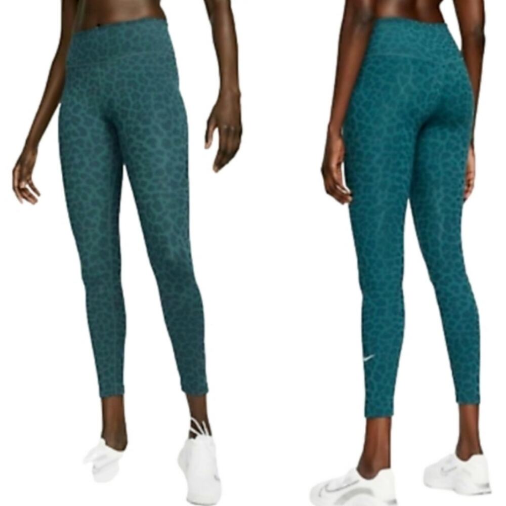 Nike One‎ tight fit mid rise full length teal green glitter leopard leggings 1X